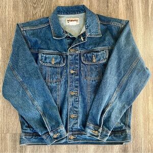 Vintage Wrangler Rugged Wear Blue Jean Denim Trucker Classic Dark Wash Jacket
